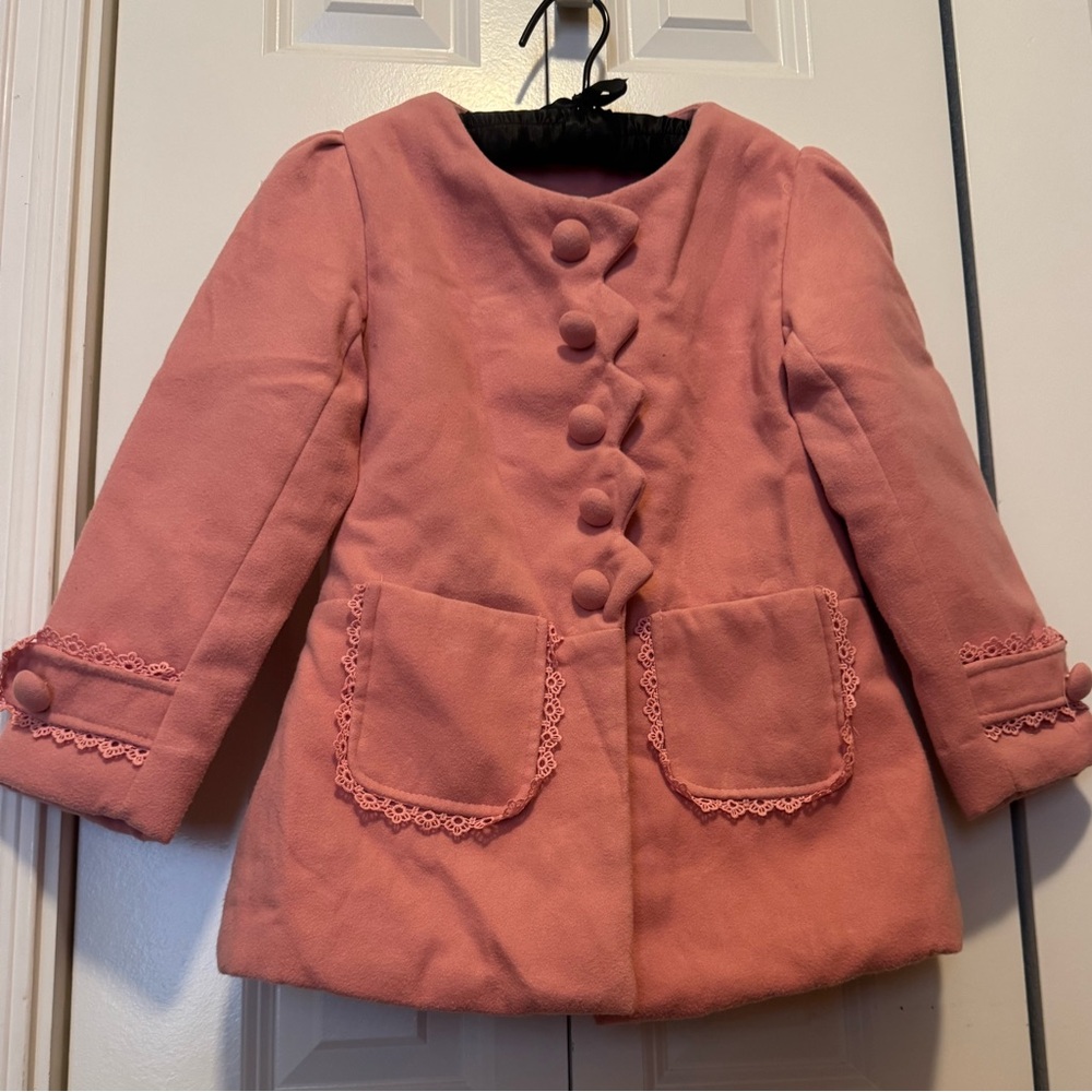 Girls Pink Mauve Velvet Coat Bow Lace Trim Dress Jacket Medium Vintage Style